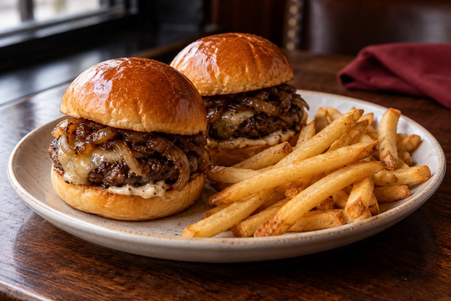 Burger sliders with caramelized onions, aioli, and fries at Chinar on the Island in Staten Island